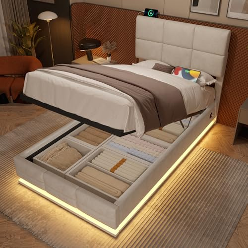 MARSBIRD Polsterbett 90x200cm mit Stauraum, Doppeltbett Bettrahmen mit LED und Zweiseitige USB/Type-C-Ladefunktion, Bettgestell mit verstellbarem Kopfteil, mit Lattenrost Ohne Matratze, Beige