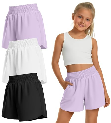 Clabby Lot de 3 Shorts de Sport pour Filles avec Doublure, 2 en 1, séchage Rapide, Taille élastique, pour la Course à Pied(Noir, Blanc, Violet Clair,14-15 Ans)