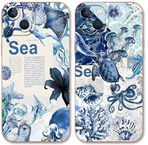 Niokfrci 2 Stück Sommer Ozean Handyhülle für iPhone 13 Hülle 6,1, Aesthetic Meer Collage Qualle Blumen Schildkröte Muster Design Mädchen Schutzhülle Kameraschutz Stoßfest Silikon Schwarz TPU Case