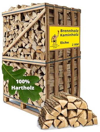 Neandertaler Feuer Brennholz Kaminholz Hartholz - 2RM Box 25 cm Eiche Holz für Kamin Ofen Pizzaofen Grill Smoker Kaminofen Holzofen | 2 Raummeter Feuerholz Eichenholz auf Palette | Firewood Woodfire