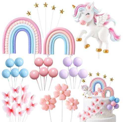 Unicorn Cake Decorations, Nine-Piece Set with Rainbow Toppers and Butterflies, Ideal for Birthday Cakes and Princess Parties