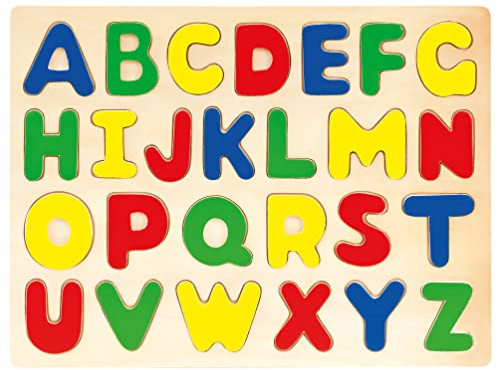 Bino world of toys Steckpuzzle ABC Legepuzzle aus Holz Motorikspiel für Kinder ab 3 Jahre (26-Teilig, beinhaltet alle Buchstaben, besondes robust, Maße: 30 x 1 x 22,5 cm), Bunt
