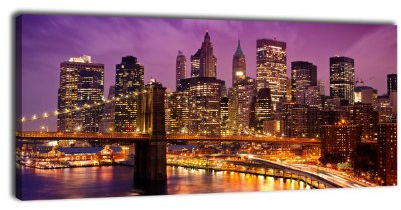 wandmotiv24 Leinwandbild Panorama Nr. 122 NY bei Nacht 100x40cm, Keilrahmenbild, Bild auf Leinwand, Big Apple New York Brooklynbridge