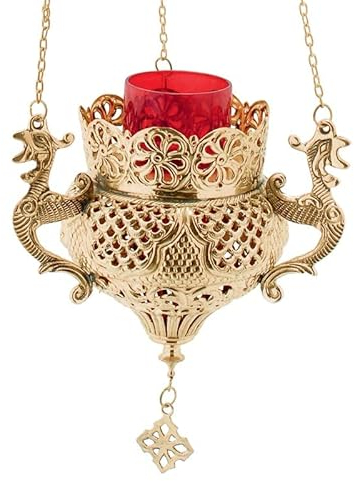 Lampe a huile en bronze a suspendre, culte chretien orthodoxe Grec avec coupelle en vevre rouge pour les veillée bougie 9688b