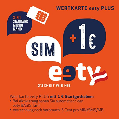 eety SIM Karte Österreich (SIM, Micro-SIM, Nano-SIM) für Smartphone/Tablet, Router/Laptop, Karte mit 1 Euro Startguthaben, roamingfähig