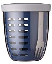 Mepal - Obst- & Gemüsetopf Ellipse - Obstbehälter - Ideal für Obst und Gemüse unterwegs - Obstbox mit Gabel & Sieb - Meal Prep Box mit Deckel - 600 ml - Nordic Denim