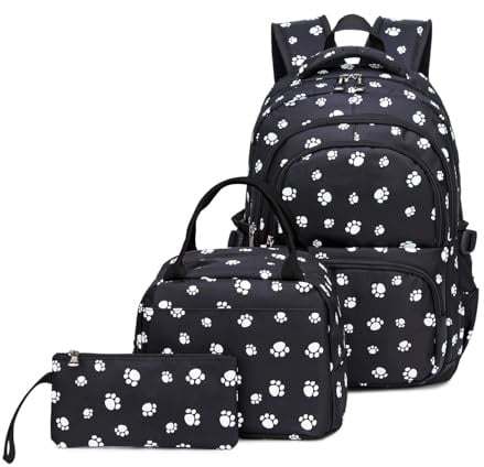 goldwheat 3Pcs Dog Paw Printed Backpack Set With Lunch-Bag For Girls Elementary Students Bookbag School-bag