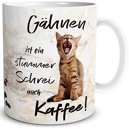 TRIOSK Tasse Katze lustig mit Kaffee Spruch Katzen Gähnen Katzenmotiv Büro Coffee Geschenk für Katzenliebhaber Frauen Freundin, Keramik 300ml