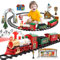 deAO Tren Clásico Infantil con Luces y Sonidos Conjunto Navideño de Vías, Locomotora y 3 Vagones Tren de Juguete Electrónico Decoración de Navidad