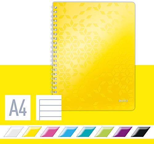 Leitz WOW Collegeblock in A4 Format, 80 Blatt, Liniert, Elfenbeinfarbiges Papier (80 g/m2), Spiralbindung, Gelb, WOW, 46370016