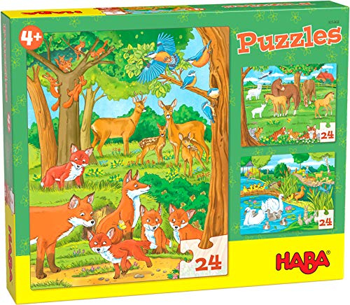 HABA 305468 - Puzzles Tierfamilien, Puzzle-Box mit 3 Tier-Motiven für Kinder ab 4 Jahren, Kinderpuzzles mit je 24 Teilen, zur Förderung der Feinmotorik und Auge-Hand-Koordination
