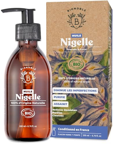 Bionoble Schwarzkümmelöl Bio 200ml - Glasflasche + Pumpe - 100% Kaltgepresst + Ungefiltert - Gesicht, Körper, Haare - Ägyptisches Schwarzkümmel Öl - Vegan Organic Black Seed Oil