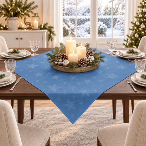 KAMACA Lotus Effekt Tischdecke Magic Stars mit Sternen Motiv - Fleckschutz Flüssigkeiten perlen einfach ab farb- & formstabil stilvoller Glanz für Advent & Weihnachten (Mitteldecke 85x85 cm, Blau)
