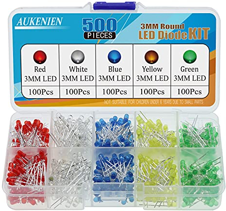 AUKENIEN 500 Stück 3MM LED Dioden Leuchtdiode sortiment Kit Rundkopf 2 Pin LED Licht Diffus Dioden Set 5 Farben Rot Blau Gelb Grün Weiß (100pcs Jede Farbe)