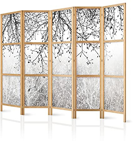 murando - Paravent Intérieur Japonais 225x172 cm - Séparateur de Pièce en Bois Naturel et Toile Imprimée - Paravent Oriental Portable et Pliable - Silhouette D'Arbres sur Fond Blanc b-C-0840-z-c