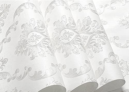 3D-Damast-Tapete, dick, modern, minimalistisch, europäischer Stil, für Restaurant, Schlafzimmer, Wohnzimmer, TV-Hintergrund, Vlies-Tapete, 52 cm B x 100 cm L, nicht geklebt (weiß)