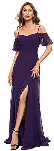 Ever-Pretty Women's Ruffles One Shoulder Short Sleeve Empire Waist A Line Chiffon Long Evening Dresses with Side Slit Dark Purple 10UK
