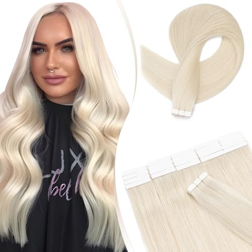 Elailite Invisible Extensions Echthaar Tape - 20PCS Tape Extensions - Remy Real Human Hair - Tape in Extensions Echthaar - glatt - 40cm 30g #70 Gebleichtes Weiß