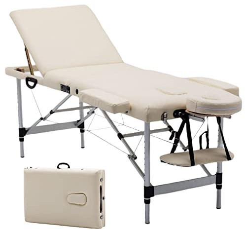 Aspria Massageliege 3-Zonen Massagetisch, höhenverstellbar, klappbar, Alu Kosmetikliege mit Premium weiches Kunstleder, inkl. Tasche mit Rollen, 185 x 60cm, TÜV GS Zertifiziert