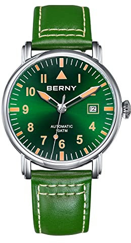BERNY Mechanische Automatikuhr für Männer Selbstaufzug Lederarmband Klassische Fliegerarmbanduhren Wasserdicht 10ATM Saphirglas Kratzfest Super Leuchtend