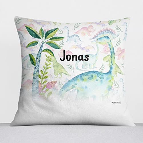 Sunnywall® Kissen mit niedlichen Motiv für Kinderzimmer Babyzimmer Kuschelkissen Tiermotive individuell personalisiert 40 x 40 cm (40 x 40 cm, Dino Kids Langhals)