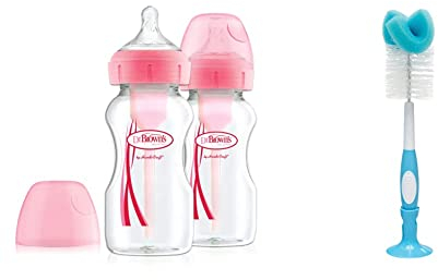 Dr. Brown's Natural Flow Options+ Anti-Colic Wide Neck Baby Bottles, 270ml Pink Twin Pack & Bottle and Teat Brush