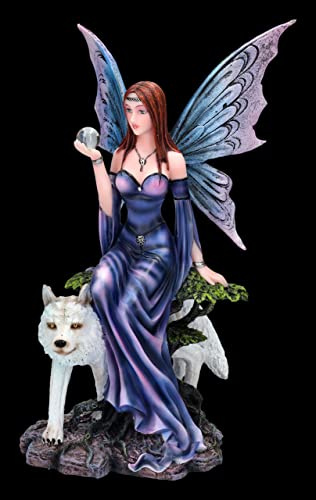 Elfenfigur mit Wahrsagerkugel und Wolf | Elfe Statue Fee Engel