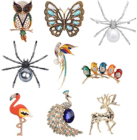 9 Stück Tier Frauen Broschen, BOSOIRSOU Vintage Strass Kristall Pins Insekt Broschen Anstecknadeln für Frauen Mädchen Geschenk Kleidung Rucksack Hut Dekoration
