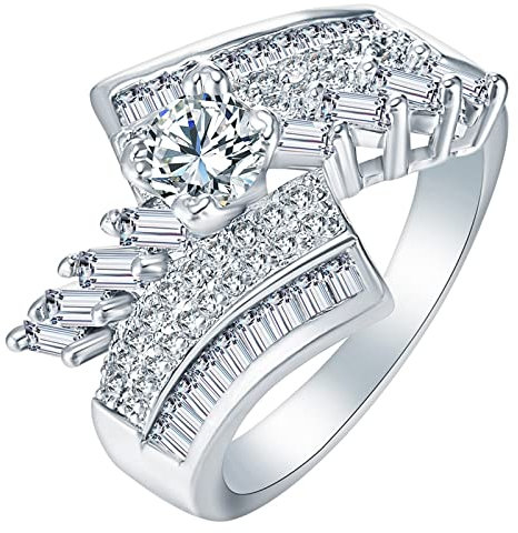 Whoiy Baguette-Diamant-Ringe, Ringe Damen Silber Eheringe Runder Zirkon 60 (19.1) Verlobungsring für Frauen