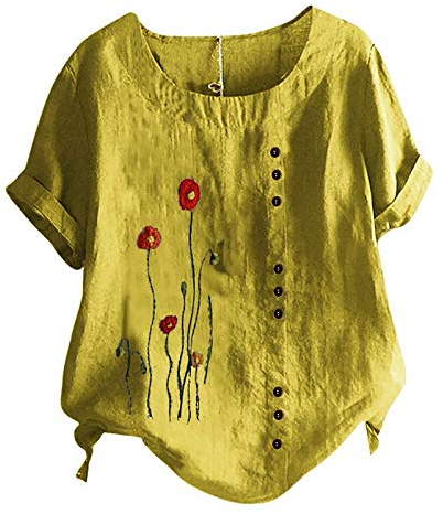 MeiLyviba Oberteile Leinenbluse Grosse Grössen Leinenoberteile Tshirt Kurzarm Übergröße Hemdbluse Leinen Bluse Damen Sommer T Shirt Pullover Tops Blumen Print Mode Lose Tunika Elegante Casual