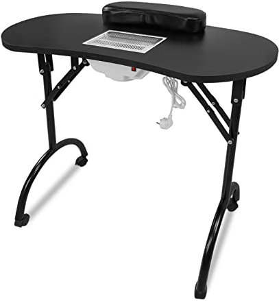 TRMLBE Mesa de manicura con Aspirador Mesa de Estación de Uñas móvil Mesa de manicura portátil plegable kit de manicura incluye cojín de mano y bolsa de transporte 90 x 37 x 77 cm - negro