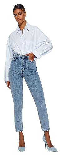 Trendyol Damen Gerade Mama Hohe Taille Jeans, Indigo, 42 aux Femmes