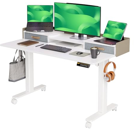 Claiks Electric Standing Desk with Drawers, 140x60cm Height Adjustable Desk with Storage Shelf and Splice Board, Stand Up Desk for Home Office, White
