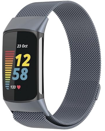 Wigento Für Fitbit Charge 6/5 Metall Stahl Mesh Armband mit Magnetverschluss Grau