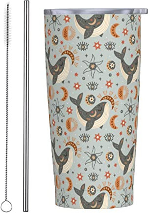FJQWKLF Bicchiere isolato Boho Mystic Whale Moon Magic 20 OZ con coperchi e cannuccia Tazza sottovuoto in acciaio inossidabile Caffè Acqua Tazza da viaggio a tenuta stagna per casa ufficio scuola
