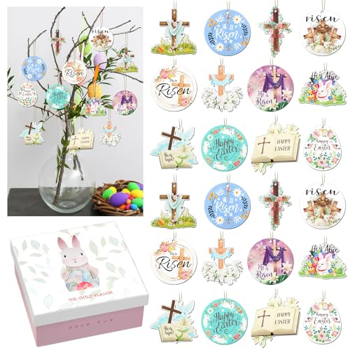 Briwooody 24 Stück Osterkreuz hängende Ornamente Ostern He is Risen Ornamente Happy Easter Holzschilder zum Aufhängen mit Geschenkbox religiöse Mini-Osterbaum-Ornamente christliche Osterdekoration für