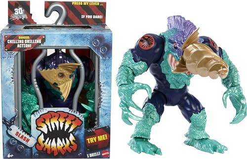 Mattel Street Sharks Slash Actionfigur Spielzeug, 90er Jahre TV Half-Man Bösewicht, 15,2 cm bewegliche Nostalgie Spielzeug mit echt ähnlicher Haut, Beiß- und Bohrbewegung