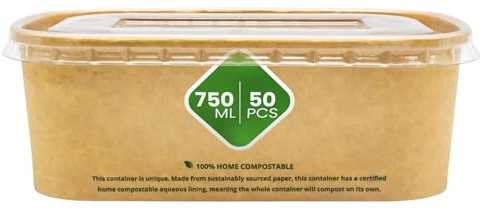 DISPOSABLE GREEN - NEXTGEN Rectangle Kraft Paper Container with RPET Clear Lid, Food/Salad Bowl, Leakproof-&-Oil-Proof Containers, Repulpable & Disposable Bowls, 750ml