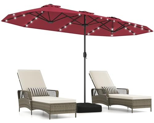 COSTWAY Sombrilla Doble Terraza Exterior 400 x 200 cm, Parasol Jardin Grande con Base Rellenable, Manivela, 12 Varillas, Sombrilla de Patio