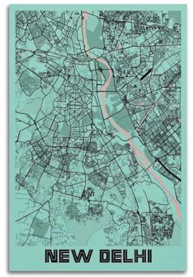 BPQN Retro-Karten-Poster, Neu-Delhi, Indien, dekoratives Gemälde, Leinwand-Kunstbild, 30 x 45 cm