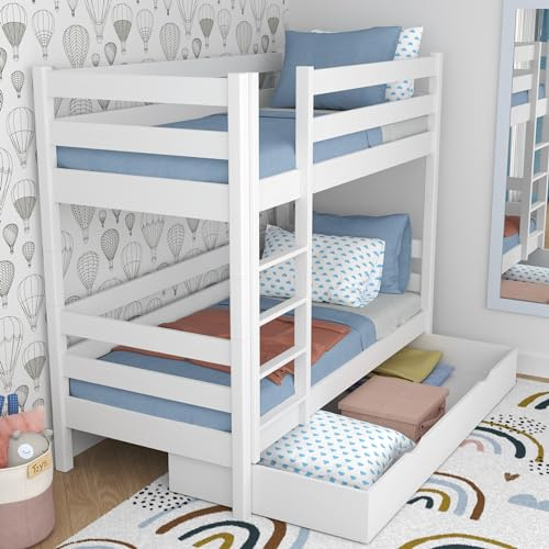 N-wood N01 Etagenbett mit Schublade 90x200 cm, Kinderbett mit Leiter, 2 Leitermontageseiten: Links oder rechts, abgerundete Kanten, Stabile Massivholzkonstruktion, Hochwertige Materialien, Weiß