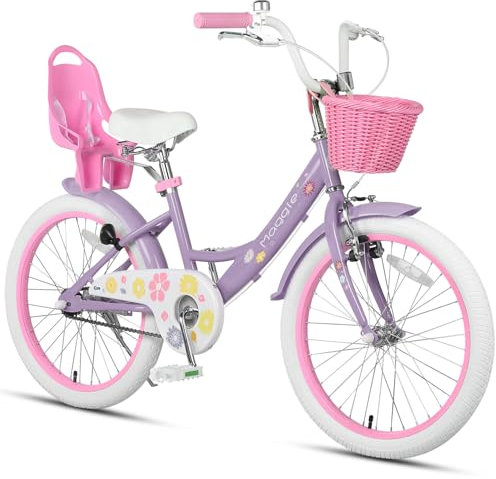 Glerc Maggie 20 Zoll Mädchen Fahrrad Alter 7 8 9 10 11 12 13 Jahre, Kinder und Kleinkinder Prinzessin Fahrrad Barbie Fahrräder mit Puppe-Sitz & Korb & Kickstand für Geschenk, Lila