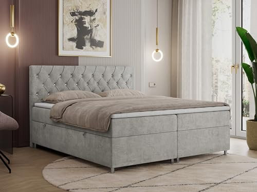 MKS MEBLE Boxspringbett 160x200 mit Bettkasten, Boxspringbett 160x200 mit Matratze, Doppelbett mit Matratze und Topper - Polsterbett mit Kopfteil - Stauraumbett - Roma 160x200 - H4 Hellgrau Struktur