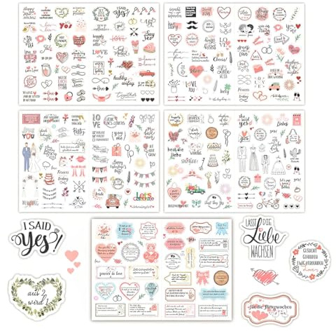 Autocollants de mariage Livre d'or (5 feuilles de 266 autocollants), autocollants vintage de mariage pour livre d'or ou album photo avec beaucoup d'amour (allemand&anglais,style rose)