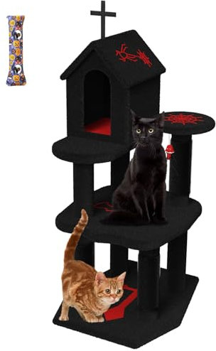JISSBON Gothic Cat Tree 125cm, Halloween Cat Tower for Indoor Cats with Cat Condo, Plush Perch and Sisal Scratching Posts for Kittens, Adult Cats, Black and Red