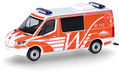 herpa 097826 Modellauto Mercedes-Benz Sprinter '18 Halbbus Feuerwehr Wiesbaden, Miniatur im Maßstab 1:87, Sammlerstück, Made in Germany, Modell aus Kunststoff Miniaturmodell, Tagesleuchtrot, weiß