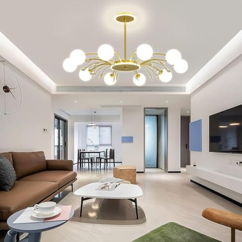 LYSDjia Sputnik Kronleuchter Gold moderne Deckenleuchte aus der Mitte des Jahrhunderts Kristalldekoration Pendelleuchte mit milchweißem Glasschirm für Wohnzimmer Küche Schlafzimmer Esszimmer und Bauer