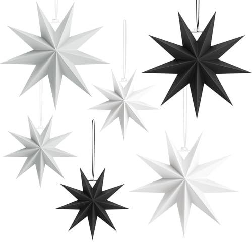 Yomisee Papiersterne Weihnachten 6 Stück, 3 x 30 cm + 3 x 45cm Faltstern Weihnachten, 9 Zacken Papier Stern zum Aufhängen Weihnachtsstern Deko zum Fenster Weihnachtsbaum (Schwarz & Weiß & Grau)