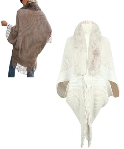 KEKUBUWE Permitime-Schal, Dicker, lockerer Damenschal mit Pelzkragen zum Stricken, Winterschal mit Fransen und Pelzkragen (One Size,Apricot)