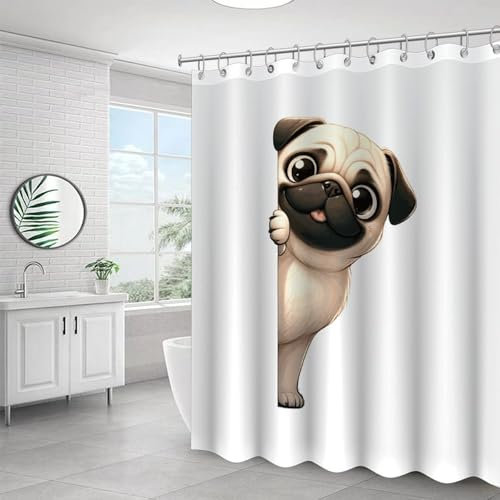 Yelolyio Mops-Duschvorhang, Hund, der um die Ecke schaut, Polyester, wasserdichter Stoff, Badvorhang mit Haken, Duschvorhang für Badezimmer, Dekoration, 152,4 x 182,9 cm